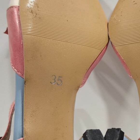 Women’s Retro Two-Tone Bow Heels Pink Blue Size 35 Ankle Strap Vintage Style - Picture 8 of 8